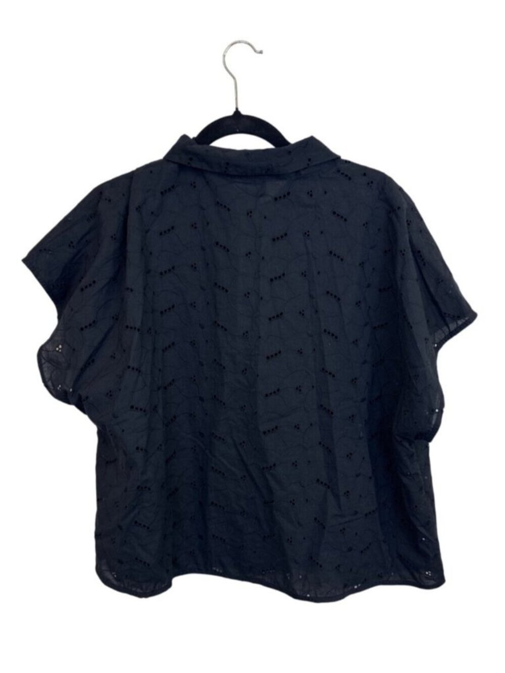 Black Eyelet Blouse Short Sleeve Button Up Cotton Feminine - Picture 2 of 2